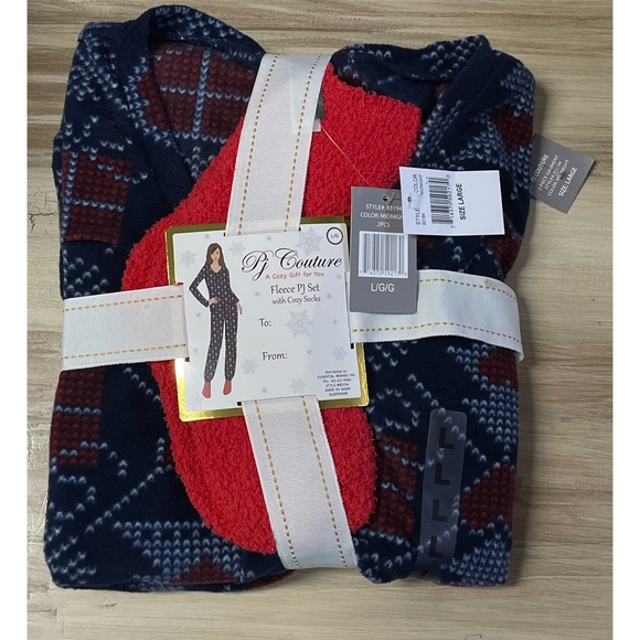 NWT PJ Couture Fleece Pajama Set with Socks Blue Size L - Picture 1 of 4